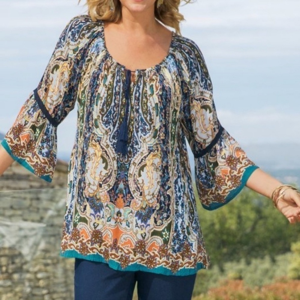 Soft Surroundings paisley boho peasant tie blouse flare sleeve beach coastal